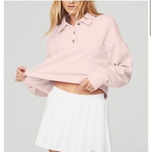 ALO yoga pink polo Henley pullover sweater